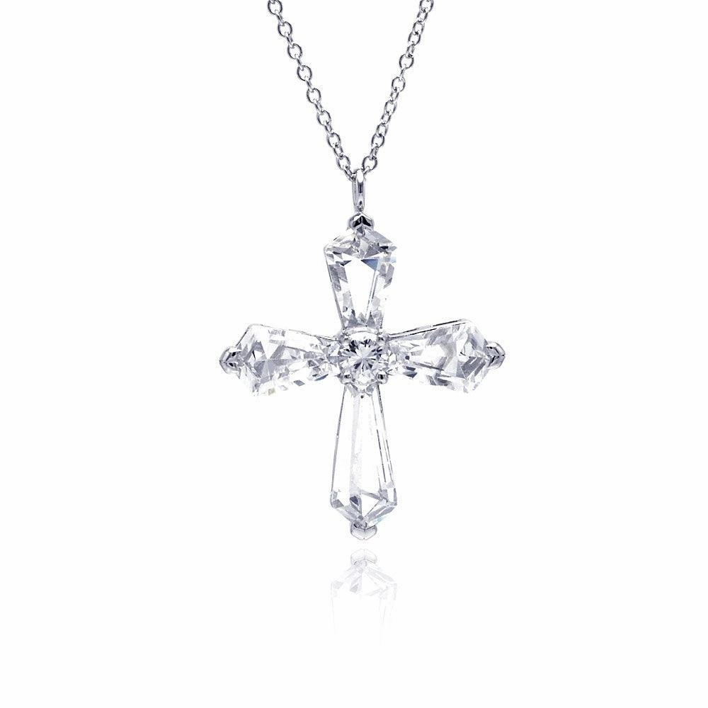 Clearance-Silver 925 Rhodium Plated Cross CZ Necklace - BGP00297