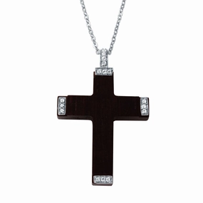 Clearance-Silver 925 Rhodium Plated CZ Black Wood Pendant Necklace - BGP00102