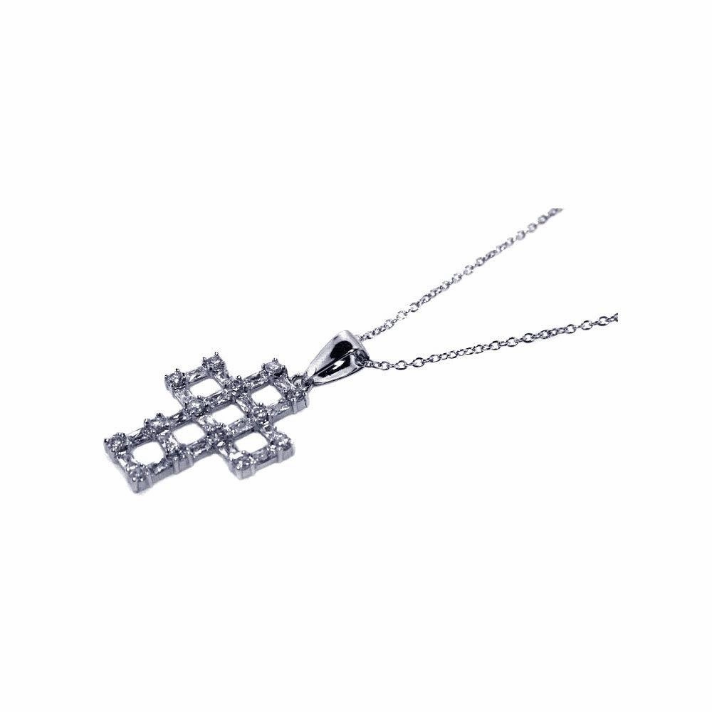 Clearance-Silver 925 Rhodium Plated CZ Open Cross Pendant Necklace - STP00464