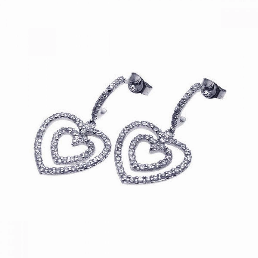 Clearance-Silver 925 Rhodium Plated Graduated Two Heart CZ Dangling Semi-Hoop Earrings - STE00486