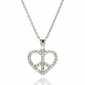 Clearance-Silver 925 Rhodium Plated Heart Peace Sign CZ Pendant Necklace - STP00896