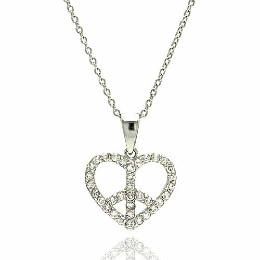 Clearance-Silver 925 Rhodium Plated Heart Peace Sign CZ Pendant Necklace - STP00896