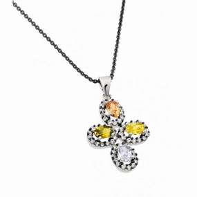 Clearance-Silver 925 Rhodium Plated Multicolor Flower Black and Clear CZ Necklace - BGP00706