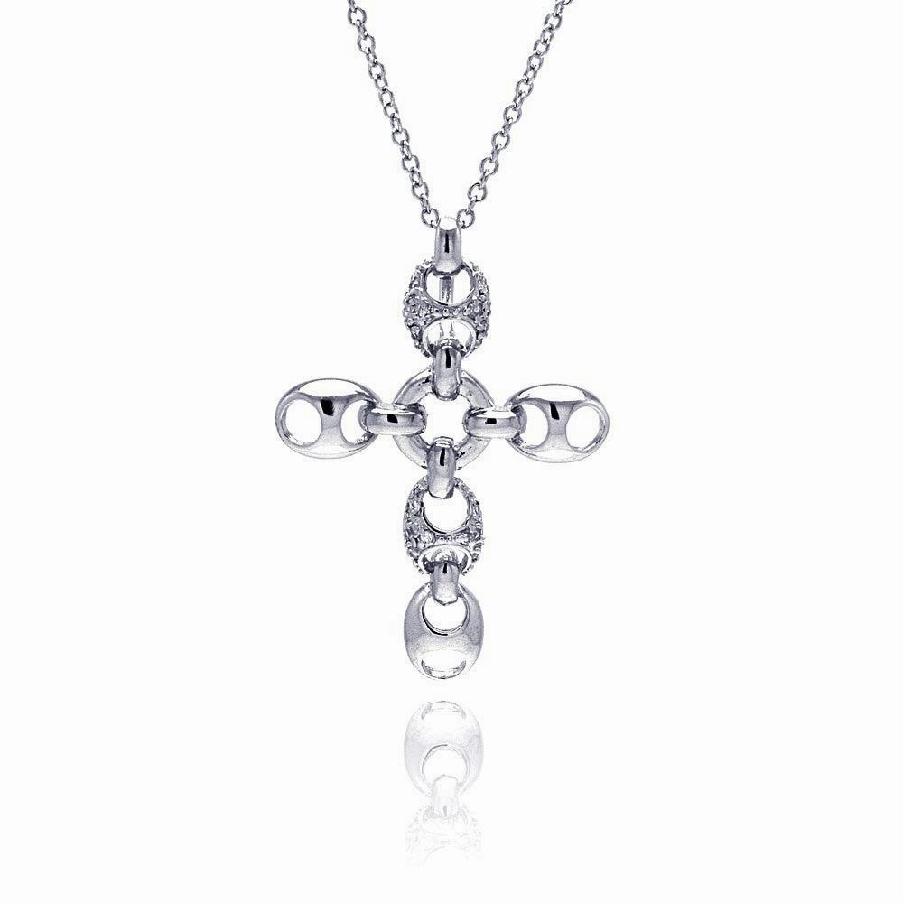 Clearance-Silver 925 Rhodium Plated Open Oval Clear CZ Cross Pendant Necklace - BGN00027
