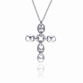 Clearance-Silver 925 Rhodium Plated Open Oval Clear CZ Cross Pendant Necklace - BGN00027