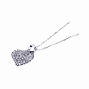 Clearance-Silver 925 Rhodium Plated Round Heart Clear CZ Inlay Necklace - STP00544