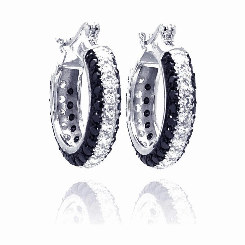 Clearance-Silver 925 Rhodium Plated Round Silver and Black CZ Hoop Earrings - STE00559