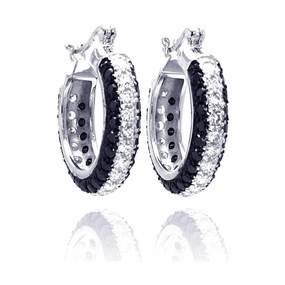 Clearance-Silver 925 Rhodium Plated Round Silver and Black CZ Hoop Earrings - STE00559