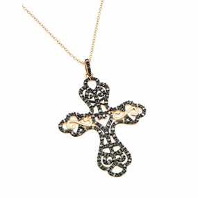 Clearance-Silver 925 Rose Gold Plated Black and Clear Cross CZ Dangling Inlay Necklace - BGP00696