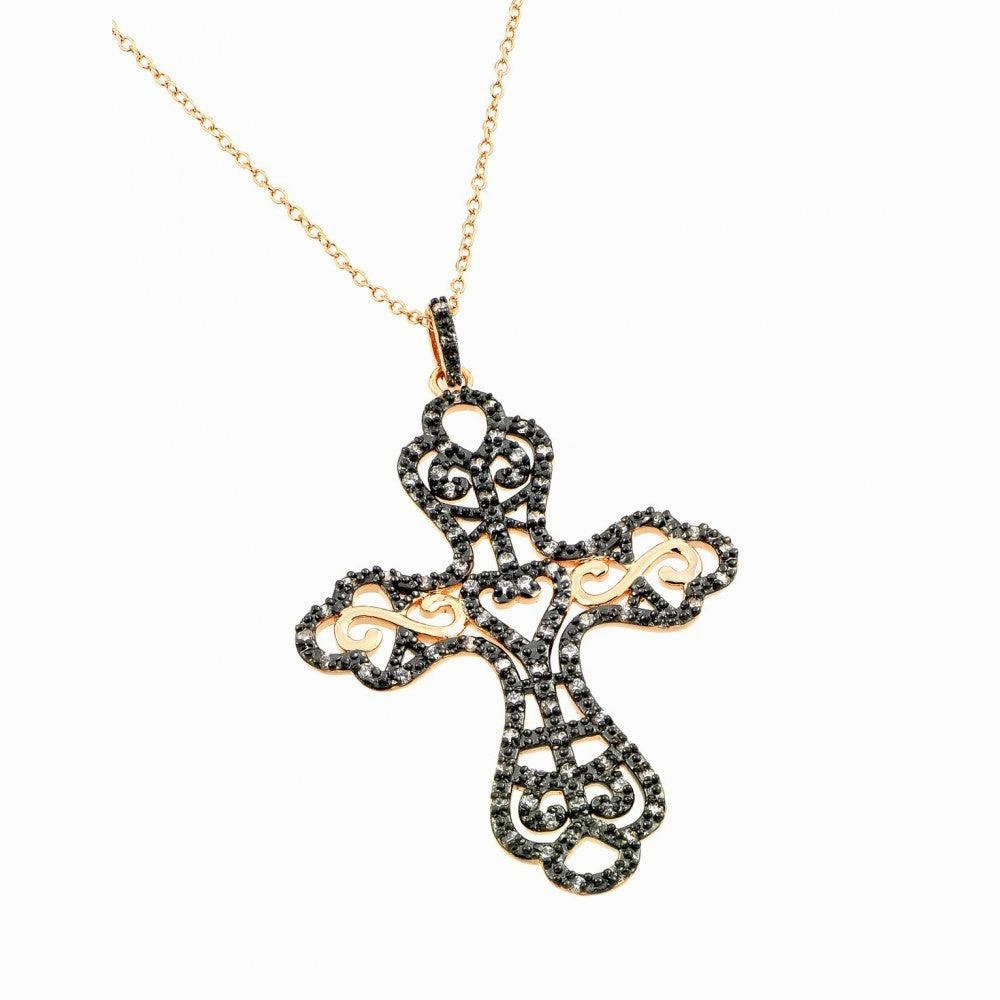 Clearance-Silver 925 Rose Gold Plated Black and Clear Cross CZ Dangling Inlay Necklace - BGP00696