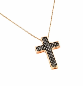 Clearance-Silver 925 Rose Gold Plated Black and Clear Cross CZ Necklace - BGP00704