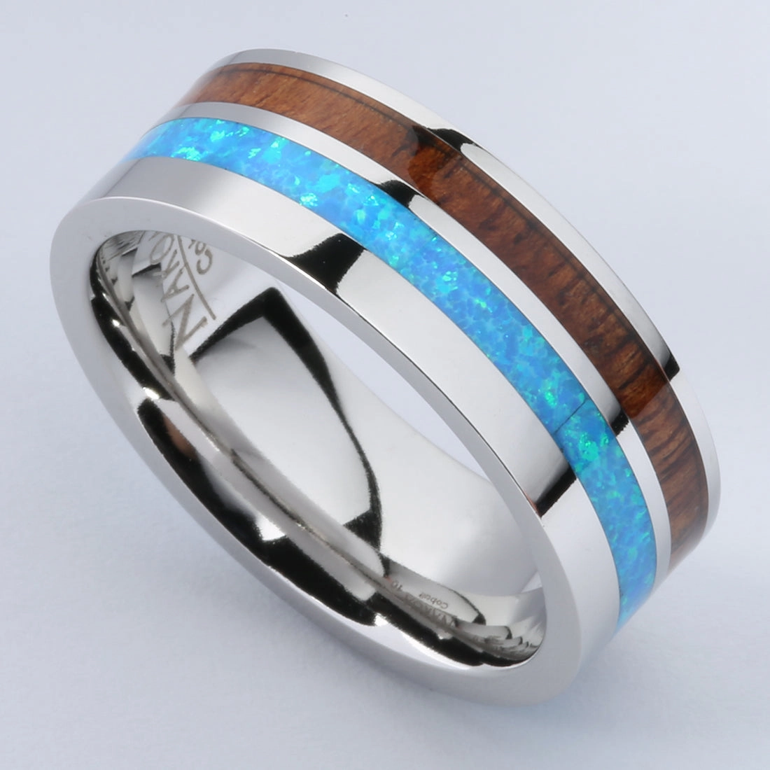 Cobalt Opal Wedding Ring with Koa Wood Flat 8mm