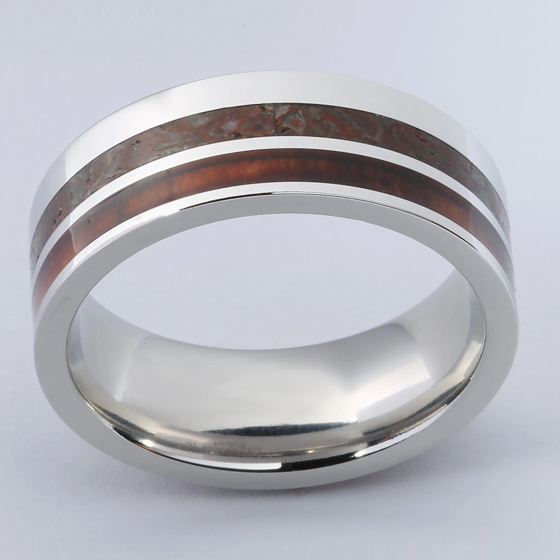 Cobalt Wedding Ring with Koa Wood and Fossilized Dinosaur Bone Flat 8mm