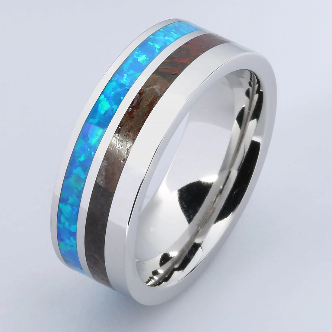Cobalt Wedding Ring with Opal and Fossilized Dinosaur Bone Flat 8mm