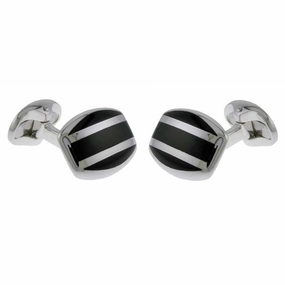 Deakin & Francis Cufflinks Sterling Silver Barrel Striped Onyx Inlay