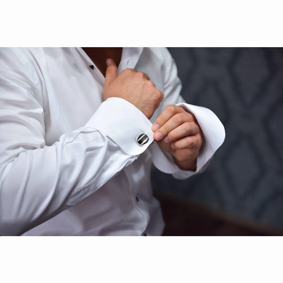 Deakin & Francis Cufflinks Sterling Silver Barrel Striped Onyx Inlay