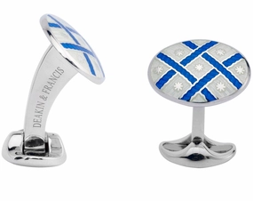 Deakin & Francis Cufflinks Sterling Silver Royal Blue Clear Fancy Pattern Enamel