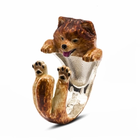 Dog Fever Sterling Silver Enamelled Pomeranian Spitz Hug Ring