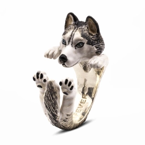 Dog Fever Sterling Silver Enamelled Siberian Husky Hug Ring