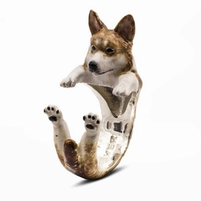 Dog Fever Sterling Silver Enamelled Welsh Corgi Pembroke Hug Ring D