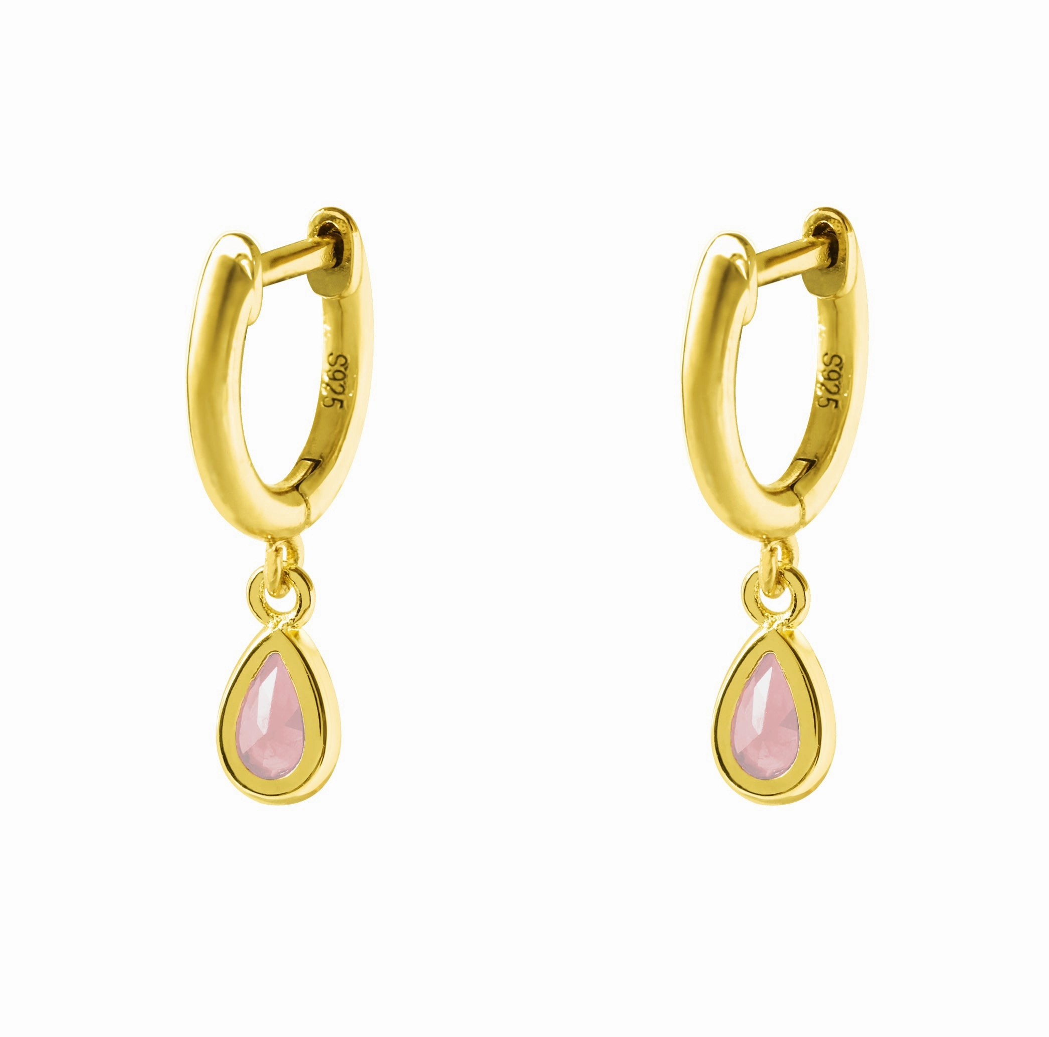 Earring - Coloured CZ Oval Drop YGP Huggie - pink or yellow available