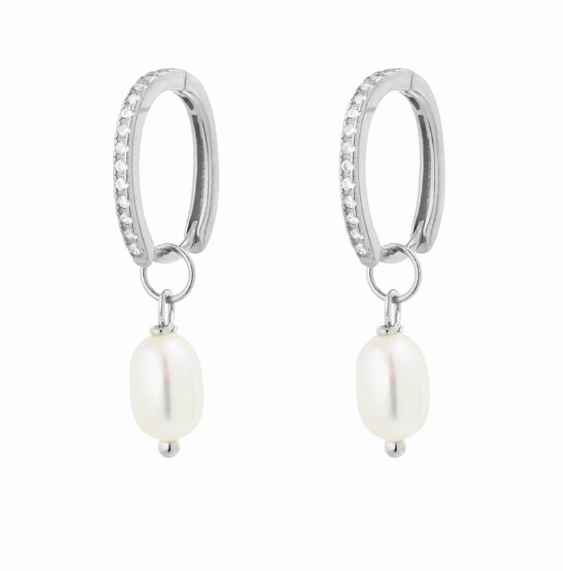 Earring -  Drop Pearl w/ CZs  Huggie