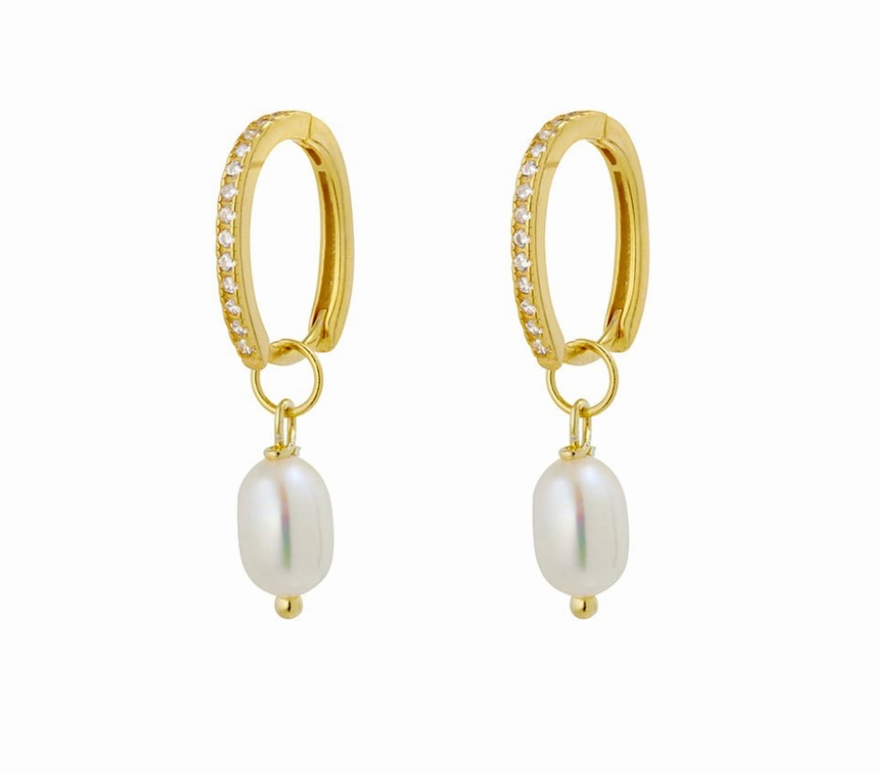 Earring -  Drop Pearl w/ CZs  Huggie