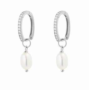 Earring -  Drop Pearl w/ CZs  Huggie