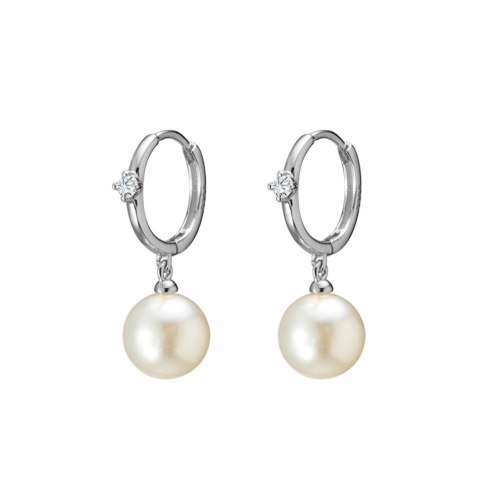 Earring -  Drop Pearl w/ single CZ  Huggie