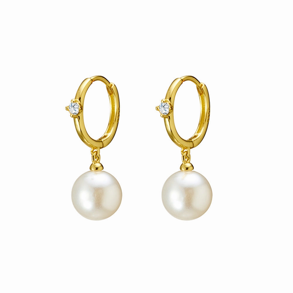 Earring -  Drop Pearl w/ single CZ  Huggie
