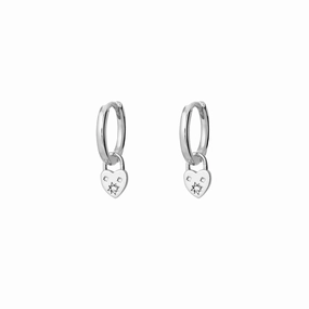 Earring -  Flat Heart Padlock Charm Huggie