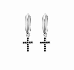 Earring - Silver Cross w/ Black CZs Huggie