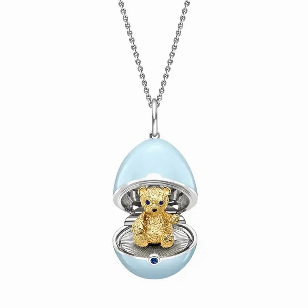 Faberge Essence 18ct White and Yellow Gold Sapphire Blue Lacquer Teddy Surprise Locket