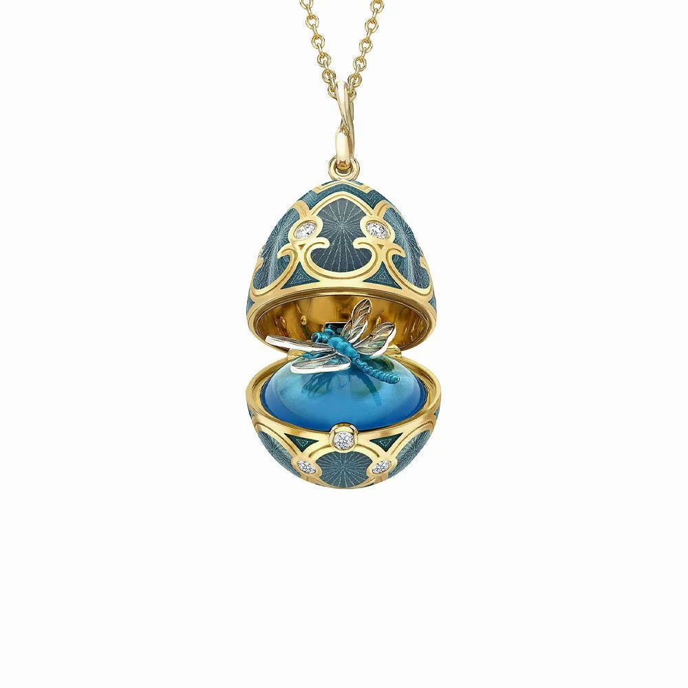 Faberge Heritage Yellow & White Gold Diamond & Blue Guilloch Enamel Dragonfly Surprise Locket