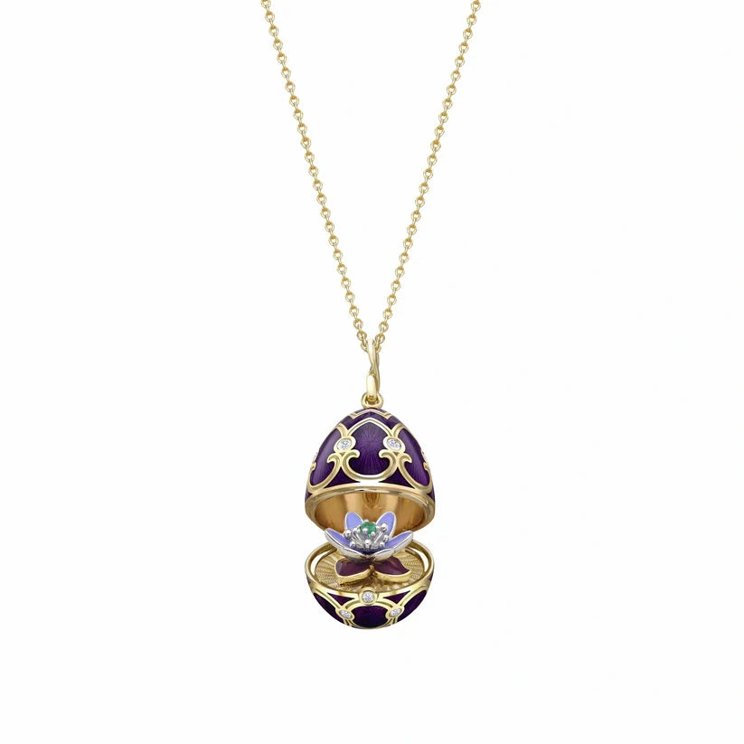 Faberge Heritage Yellow Gold Diamond Purple Guilloche Enamel Anemone Surprise Locket
