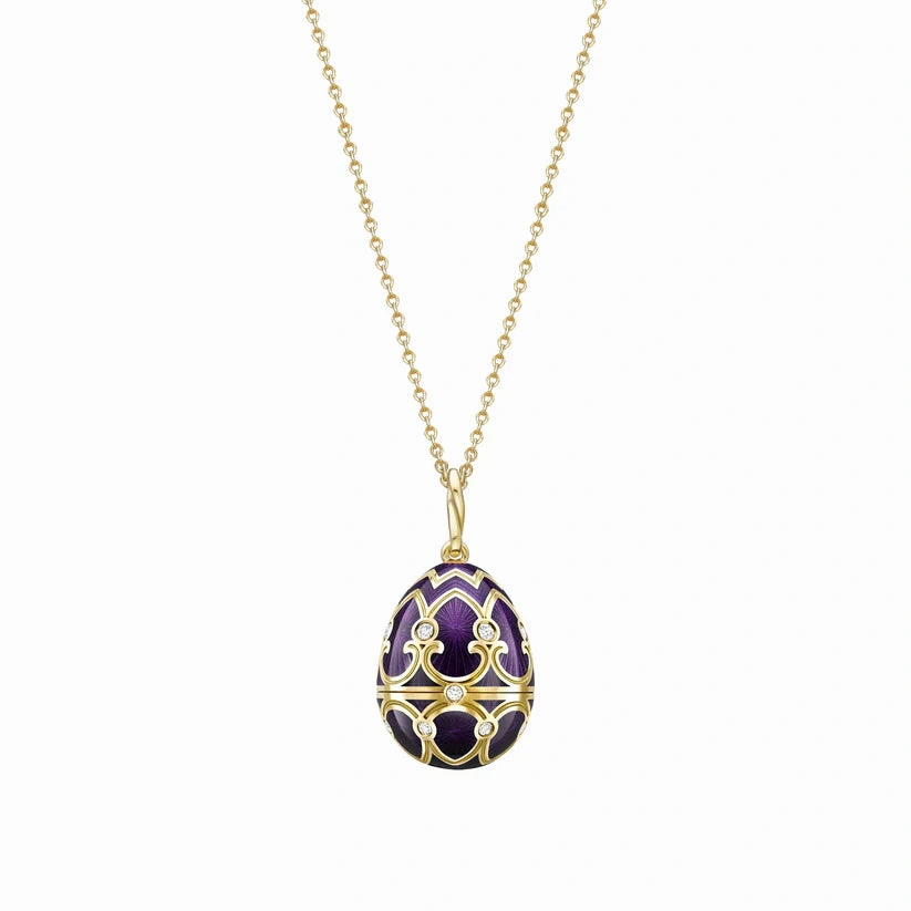 Faberge Heritage Yellow Gold Diamond Purple Guilloche Enamel Anemone Surprise Locket