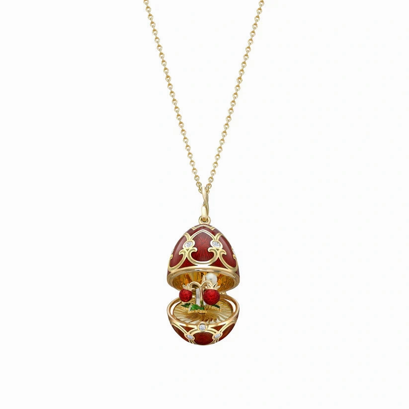 Faberge Heritage Yellow Gold Diamond Red Guilloche Enamel Strawberry Surprise Locket