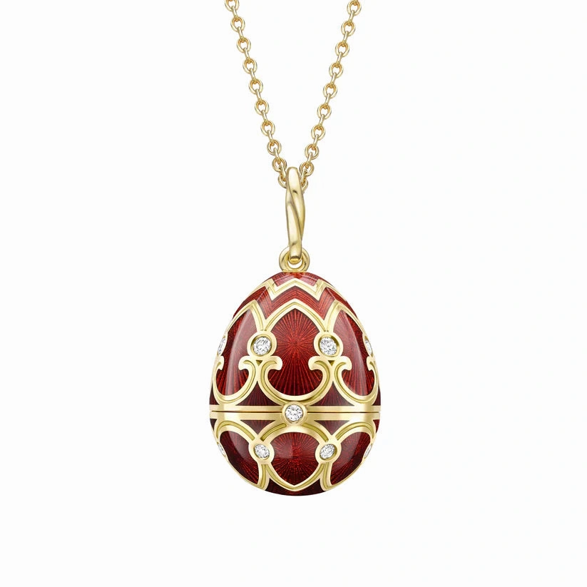 Faberge Heritage Yellow Gold Diamond Red Guilloche Enamel Strawberry Surprise Locket