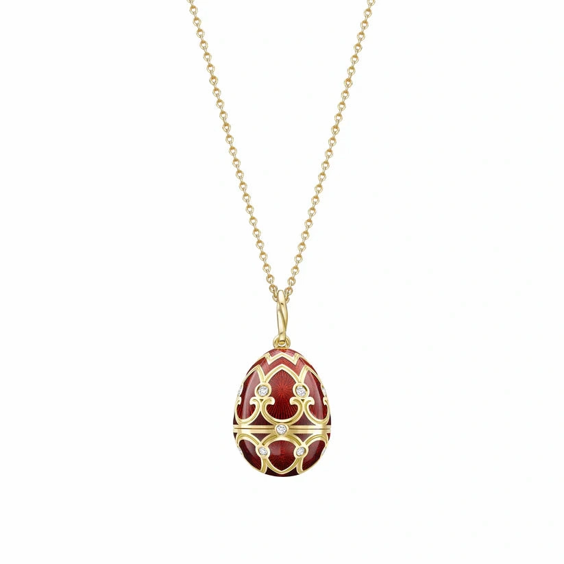Faberge Heritage Yellow Gold Diamond Red Guilloche Enamel Strawberry Surprise Locket