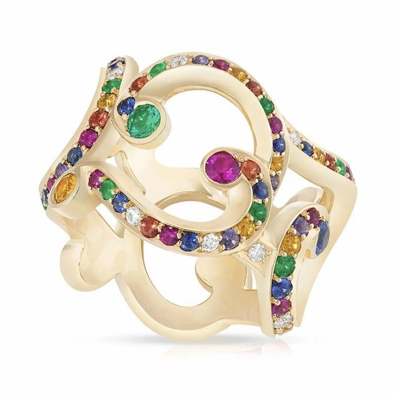 Faberge Rococo 18ct Yellow Gold Multi-Coloured Wide Ring