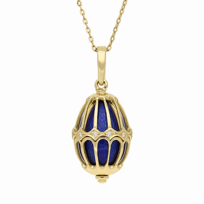 Faberge Victor Mayer 18ct Yellow Gold Diamond Blue Enamel Cage Necklace