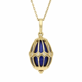 Faberge Victor Mayer 18ct Yellow Gold Diamond Blue Enamel Cage Necklace