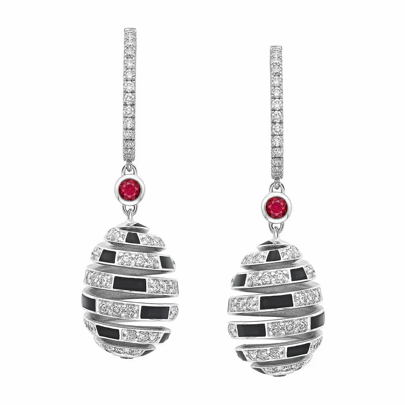 Faberge x Beetlejuice Beetlejuice 18ct White Gold Ruby & Black Enamel Spiral Earrings