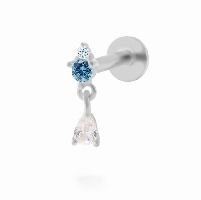 Flat Back Single Earring - Aquamarine CZ Drop