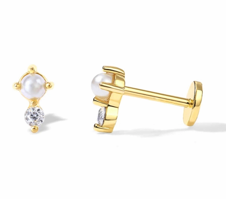 Flat Back Single Earring - Pearl & CZ