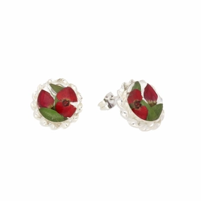 Floral Earrings Red Round Stud Silver Small
