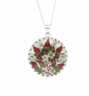 Floral Necklace Red, White & Green Round Silver Large
