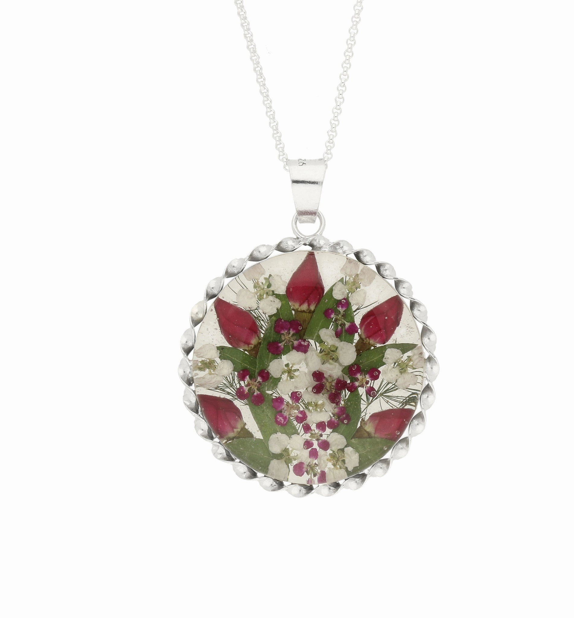 Floral Necklace Red, White & Green Round Silver Large