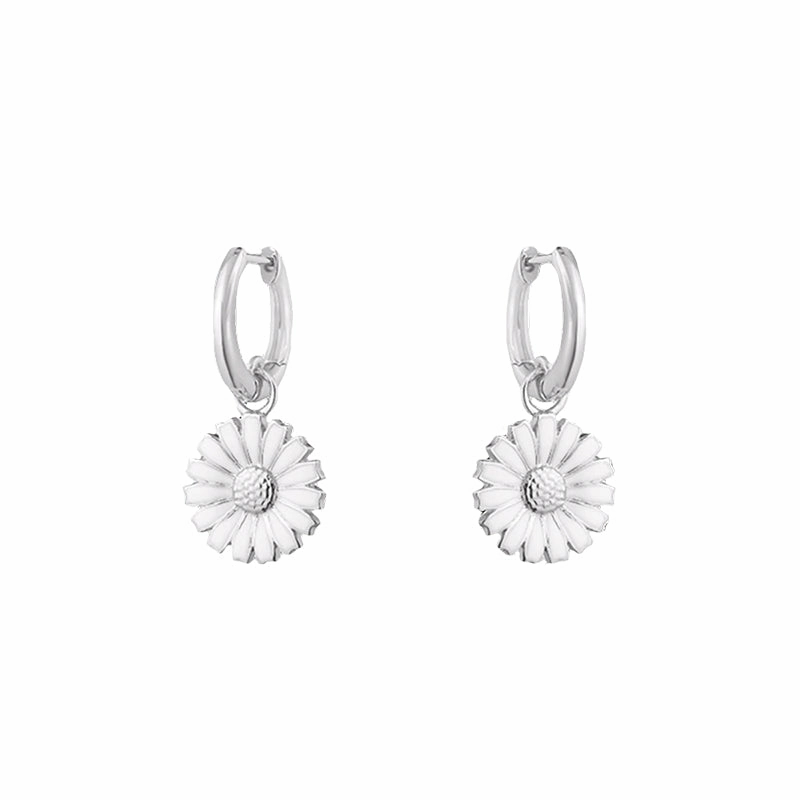 Georg Jensen Daisy Sterling Silver White Enamel Hoop Earrings