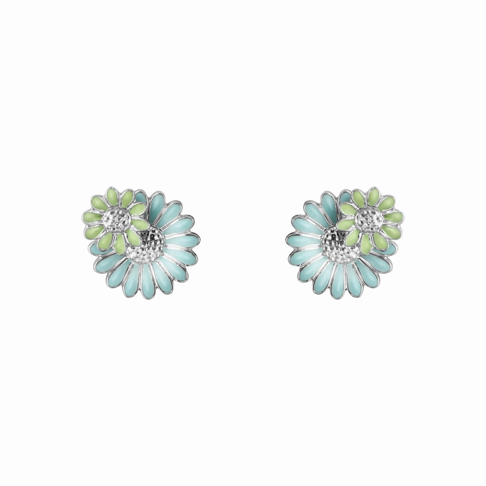 Georg Jensen Stine Goya Daisy Sterling Silver Green and Blue Enamel Stud Earrings